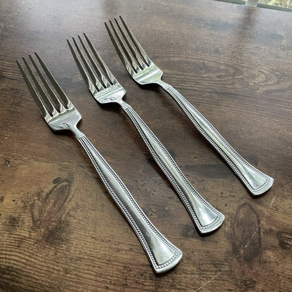 Mikasa Chadwick Bead Dinner Fork 8 1/8" Stainless Steel Lot of 3 Flatware Glossy